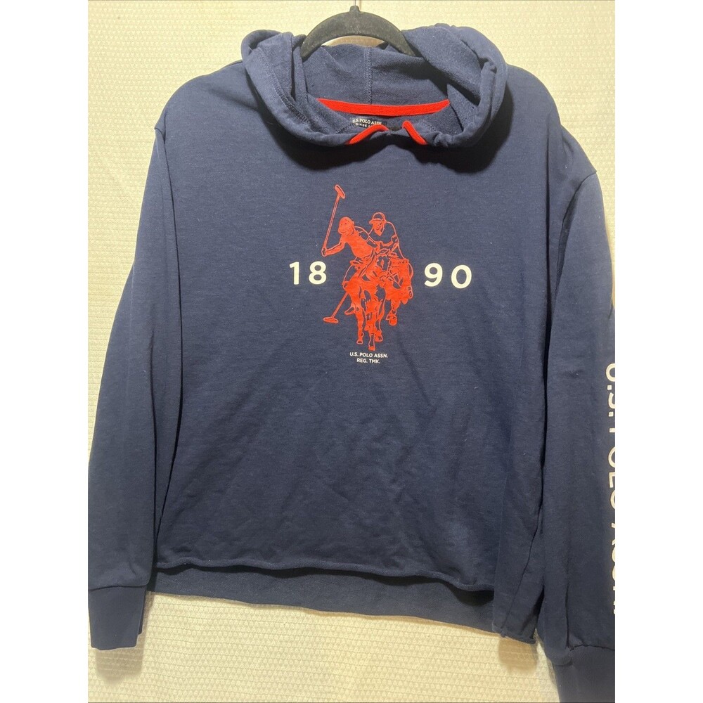 US PoloAssn Womens XXL Navy Blue Hoodie Large Red Logo Cut Off Long Sleeve